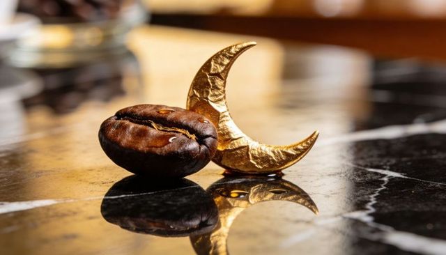 Gold crescent pendant next to roasted coffee bean with oil drops on marble reflection