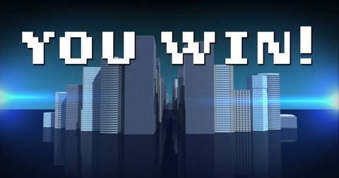 Pixelated 'you win!' over futuristic cityscape
