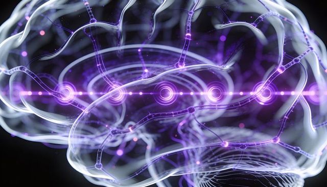 Translucent brain network visualizing glowing neural pathways and purple synaptic nodes
