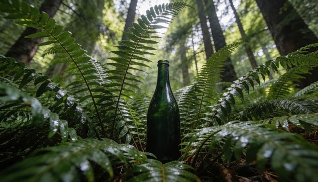 Dark green bottle resting among glistening fern fronds in shaded temperate rainforest