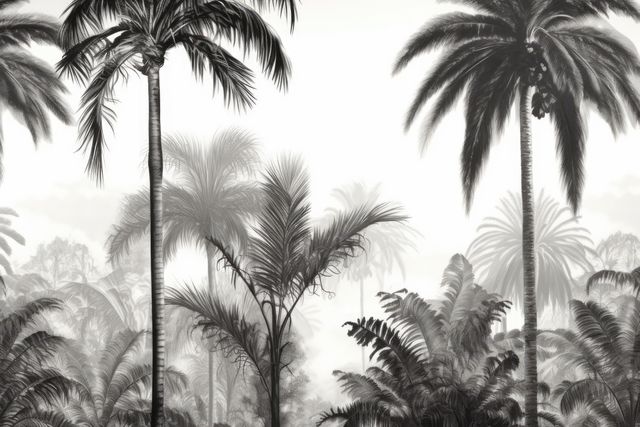Black and white palm trees and jungle foliage creating serene and mystical atmosphere. Suitable for backgrounds, travel blogs, nature-themed content, wallpaper designs.