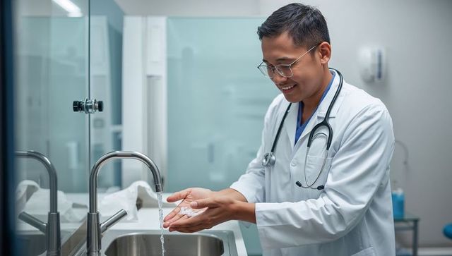 Smiling doctor washing hands at clinical sink with stethoscope, promoting hand hygiene