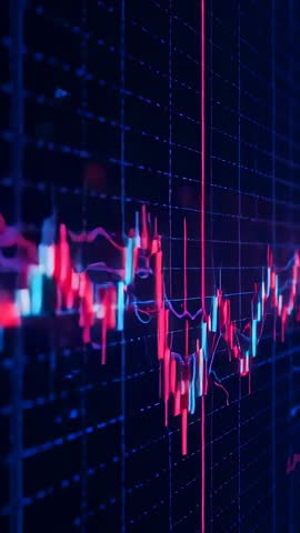 Vertical finance chart showing red cyan candlesticks fluctuating and spiking on dark grid