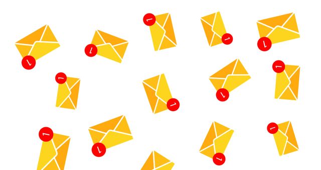 Illustration of multiple yellow email envelopes with red notification badges scattered over a white background. Perfect for representing concepts like communication, digital messaging, email notifications, unread mail alerts, and social media notifications. Could be used in digital marketing, email services, tech-related content, and user interface design presentations.