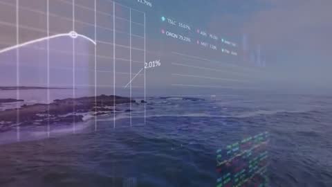 Dynamic Stock Market Data Visualized Over Ocean Scenic