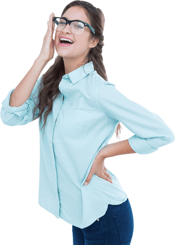 Portrait of Woman in Glasses Smiling on Transparent Background