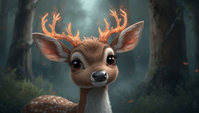 Bioluminescent Antler Fawn in Misty Enchanted Forest Clearing, Fantasy Woodland Creature