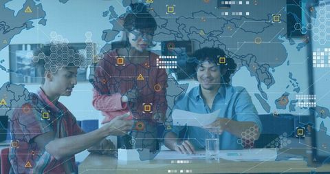 Innovative team analyzing project with digital world overlay