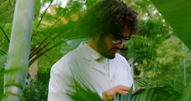 A scientist wearing a lab coat and glasses is conducting research in a lush tropical forest. He is taking notes or making observations on a tablet among the greenery. Ideal for content related to biological research, environmental science, botany studies, rainforest exploration, and conservation initiatives.