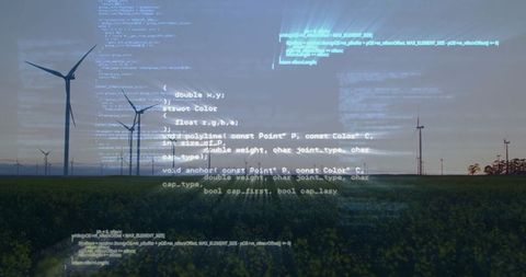 Renewable Energy with Futuristic Tech Overlay in Serene Landscape