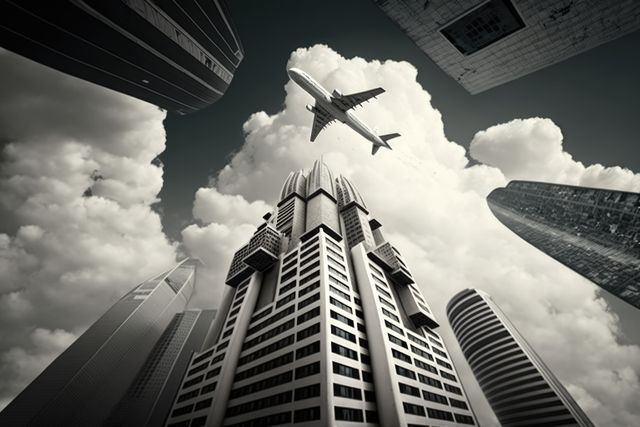 Cityscape of modern skyscrapers over airplane on sky and clouds, using generative ai technology. Cityscape, airplanes and modern concept digitally generated image.