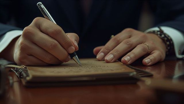 Elegant businessman in suit taking notes on wooden desk