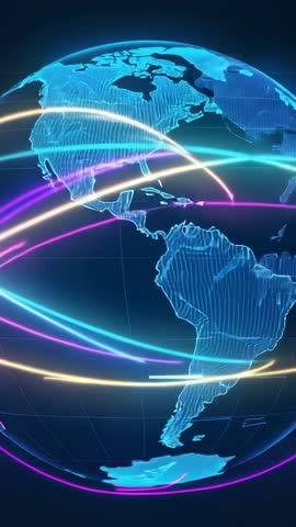 Vertical wireframe globe rotating with neon data arcs linking global nodes, digital network