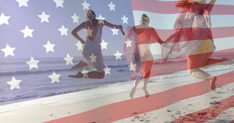 Friends Enjoying Summer Vacation with USA Flag Overlay - Download Free Stock Images Pikwizard.com
