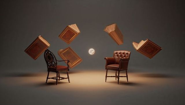 Surreal floating antique books circling leather and carved chairs under glowing orb