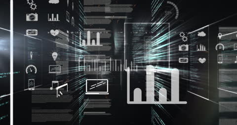 Data Processing with Graphs and Technology Icons on Black Background