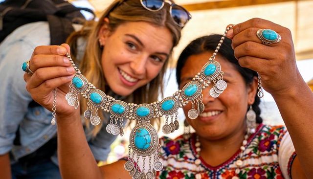 Tourist discovering handmade turquoise necklace with local artisan at outdoor market stall