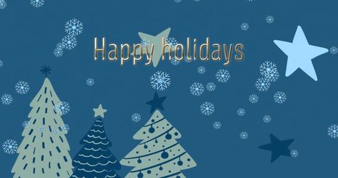 Festive Christmas Trees with Snowflakes and Happy Holidays Text