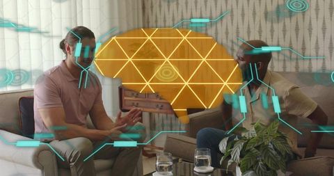Discussing ideas with augmented reality brain hologram HUD overlay in contemporary lounge