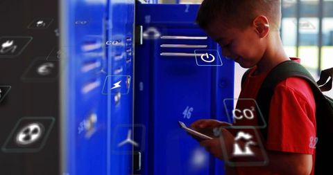 Schoolboy using smartphone at blue lockers with augmented reality icons and backpack