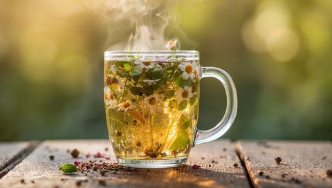 Steaming Chamomile Flower Tea Brewing in Clear Glass Mug on Rustic Wooden Table