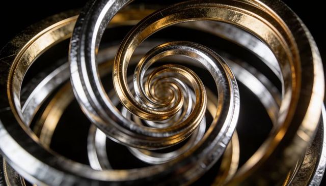 Spiraling Gold and Silver Rings Creating Concentric Metallic Vortex with Reflective Texture