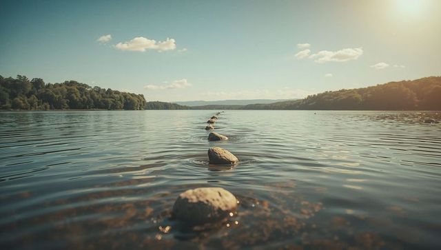 Tranquil Lake with Seamless Stepping Stone Path at Sunset