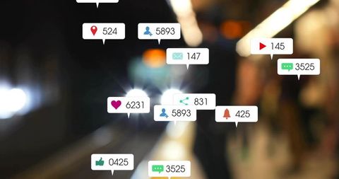 Social notifications floating above metro platform with commuter bokeh and neon lights