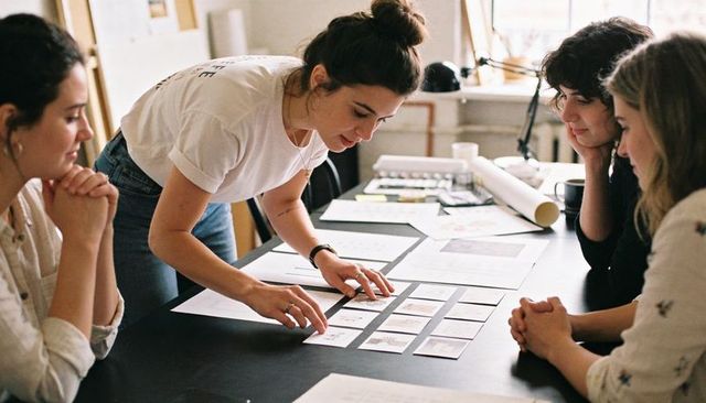 Creative team collaborating and arranging design cards on tabletop for layout planning