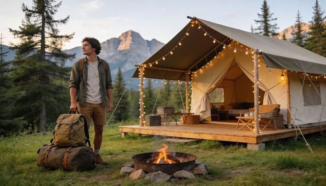 Solo hiker standing with backpack by campfire at mountain glamping tent with string lights