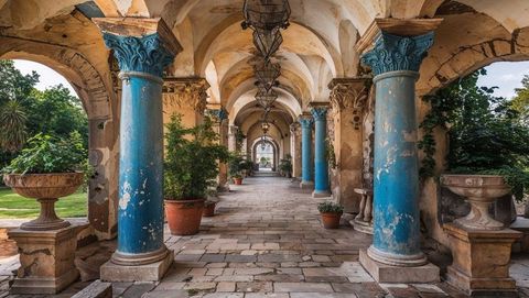 Ornate arcade walkway with blue columns and arches