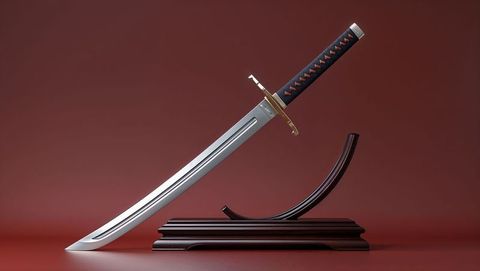 Ornate steel sword displayed on elegant wooden stand