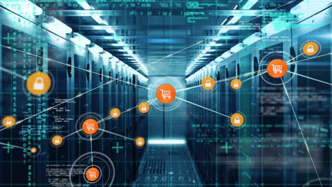 Futuristic Data Center with Digital E-commerce Icons and Connections