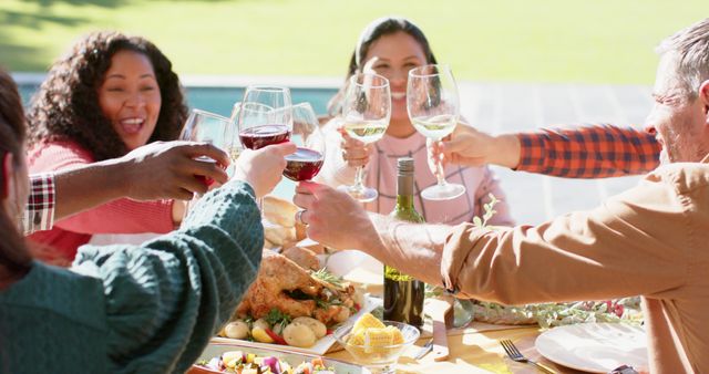 Friends Toasting at Outdoor Celebration Meal with Wine Glasses - Download Free Stock Images Pikwizard.com