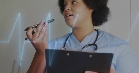 Nurse speaking into smartphone holding clipboard and stethoscope, ecg overlay for telemedicine