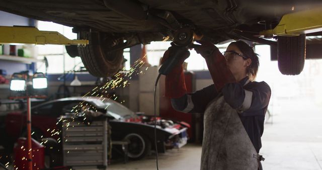 Female mechanic using electric blade cutter and working under a car at a car service station. automobile repair service