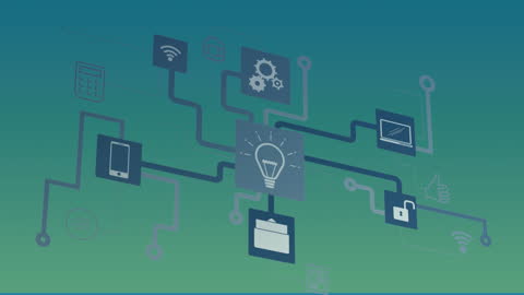 Abstract Technology Network with Connected Icons on Gradient Background