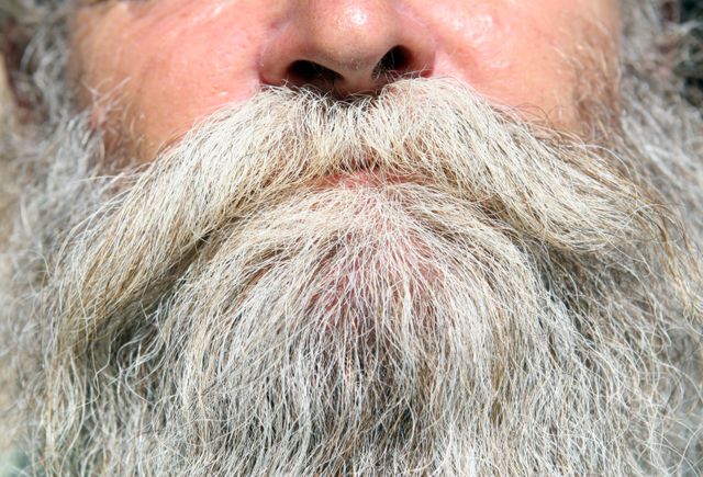 Image showcases a close-up view of an elderly man’s grey beard and mustache, highlighting the detailed texture of the facial hair. This could be used in articles or ads emphasizing themes of wisdom, age, rugged masculinity, and the natural aging process.