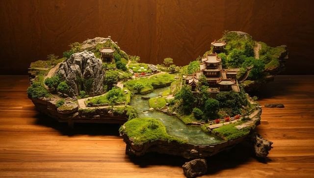 Asian Diorama with Pagodas and River on Wooden Table