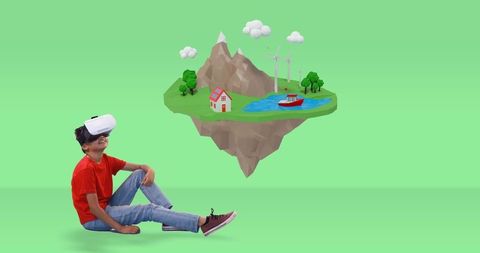 Teen exploring virtual world home with wind turbines using vr headset
