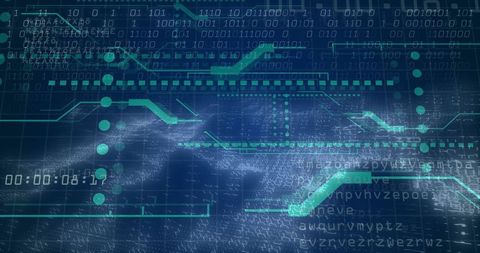 Futuristic digital panel with binary and hex code on teal circuit grid