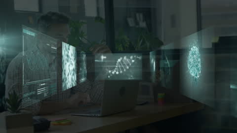 Businessman Analyzing DNA Sequences and Data Projections