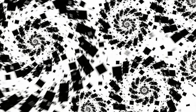 Monochrome generative fractal vortex with spiraling black squares and geometric depth