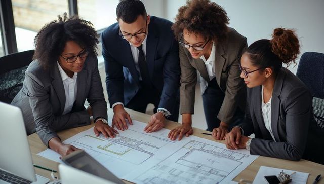 Team of Professionals Reviewing Architectural Plans in Modern Office