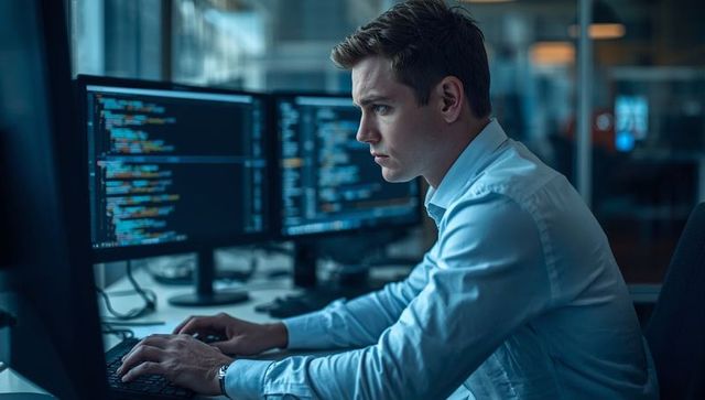 Software engineer analyzing code at modern workspace