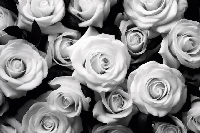 White roses in black and white on black background, created using generative ai technology. Flowers, pattern and nature concept digitally generated image.