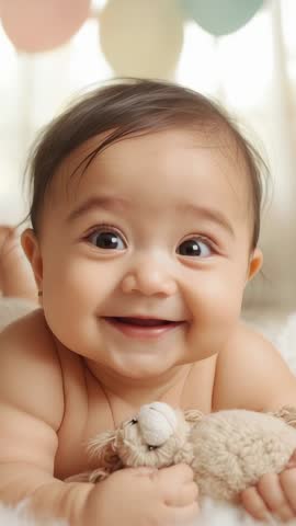 Vertical video of smiling baby lifting head while holding plush bunny in pastel nursery