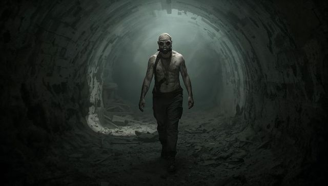 Shirtless survivor walking through abandoned concrete tunnel wearing full-face gas mask