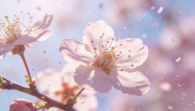 Pale pink cherry blossom blooming with drifting pollen in soft spring light macro close-up