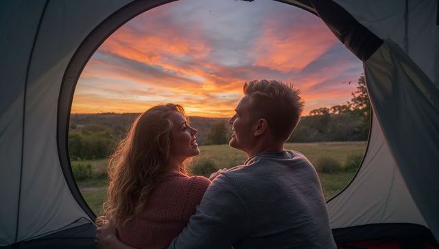 Couple cuddling in tent doorway watching vibrant sunset over meadow at dusk